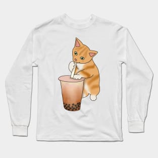 Cat Boba Tea Bubble (fluffy orange cat) Long Sleeve T-Shirt